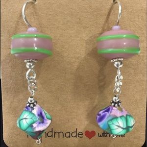 ARTISAN LAMPWORK CLAY EARRING - 925 STERLING SILVER DANGLE FLOWER BEADS